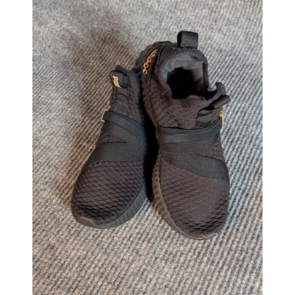 Puma Enzo Strap Sneakers Womens 8.5 Black Knit Gold Buckle Slip  Athletic Shoes